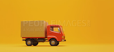 Courier truck, package delivery and warehouse transportation services for online shopping, distribution and branding. Yellow, cardboard box and transport diesel vehicle for product trading or parcels