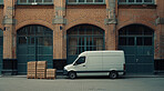 Courier van, package delivery and warehouse transportation services for online shopping, distribution and branding mockup. White, minivan and transport diesel vehicle for product trading or parcels
