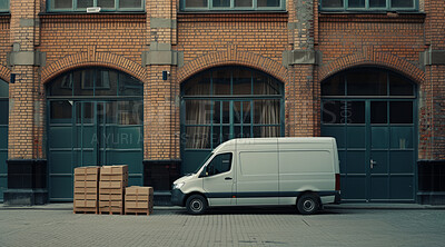 Courier van, package delivery and warehouse transportation services for online shopping, distribution and branding mockup. White, minivan and transport diesel vehicle for product trading or parcels