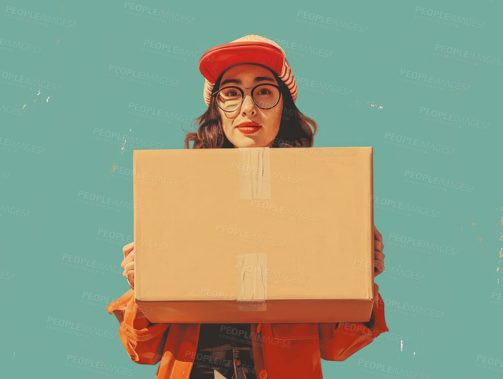 Buy stock photo Delivery, cardboard box and woman holding a package for courier business company or product distribution. Portrait, closeup and parcel handover to consumer for online shopping, ecommerce or shipment