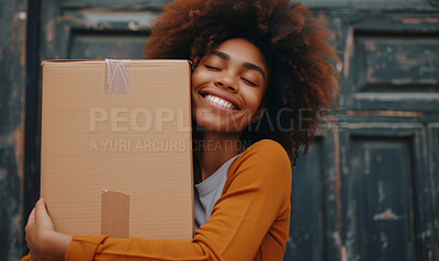 Young woman, cardboard box and girl holding a parcel from courier service, delivery or exports. Black, African American and female with package from online shopping, application and moving in concept
