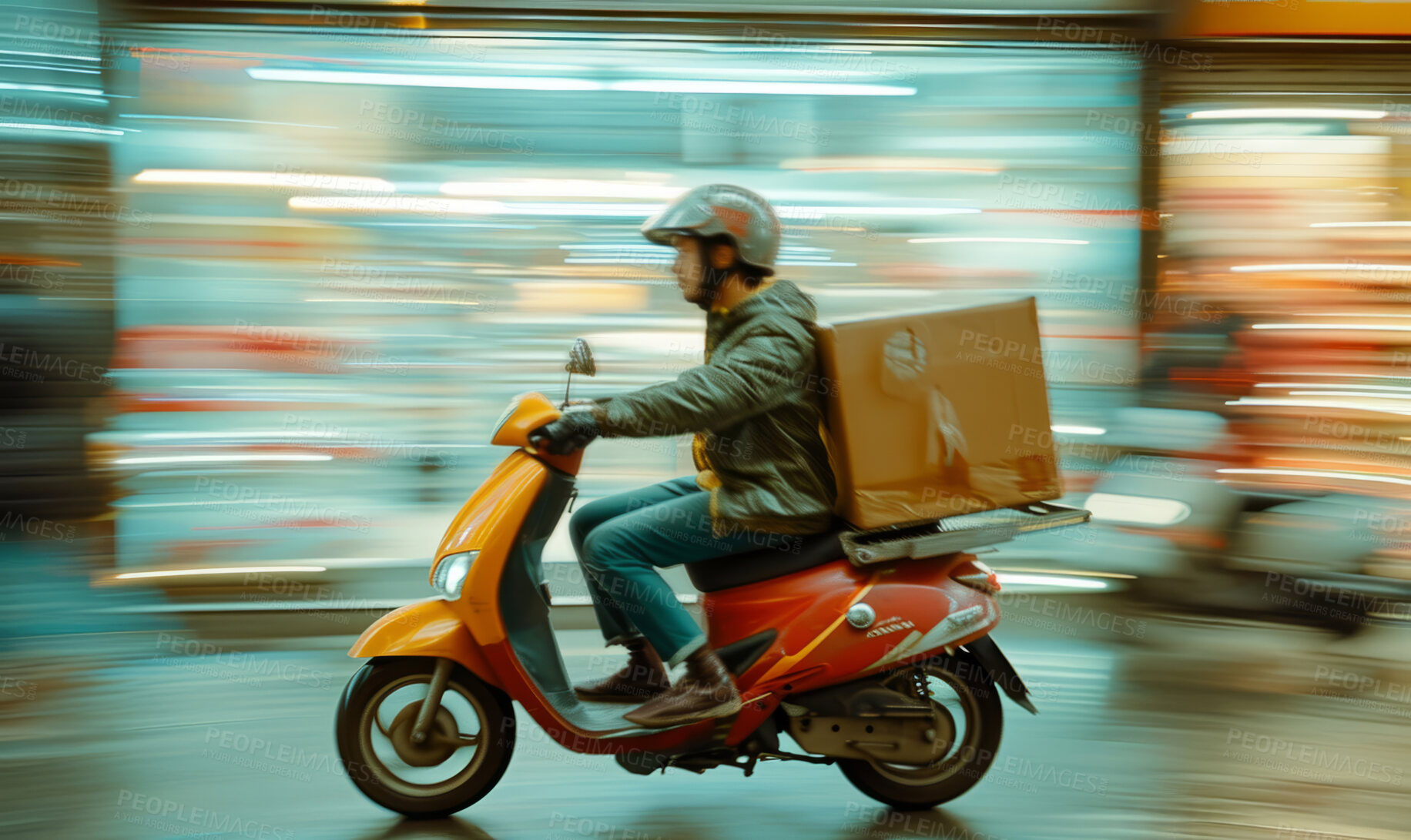 Buy stock photo Delivery service, scooter and man driving a bike for courier business company, food parcel transport or app. Motorcycle, transportation and employee for online shopping, ecommerce or shipment