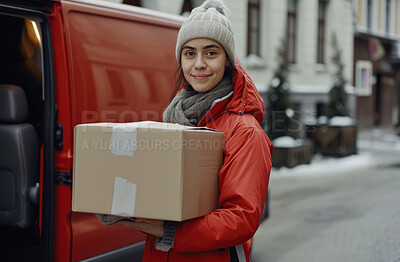 Delivery, cardboard box and woman holding a package for courier business company or product distribution. Portrait, closeup and parcel handover to consumer for online shopping, ecommerce or shipment