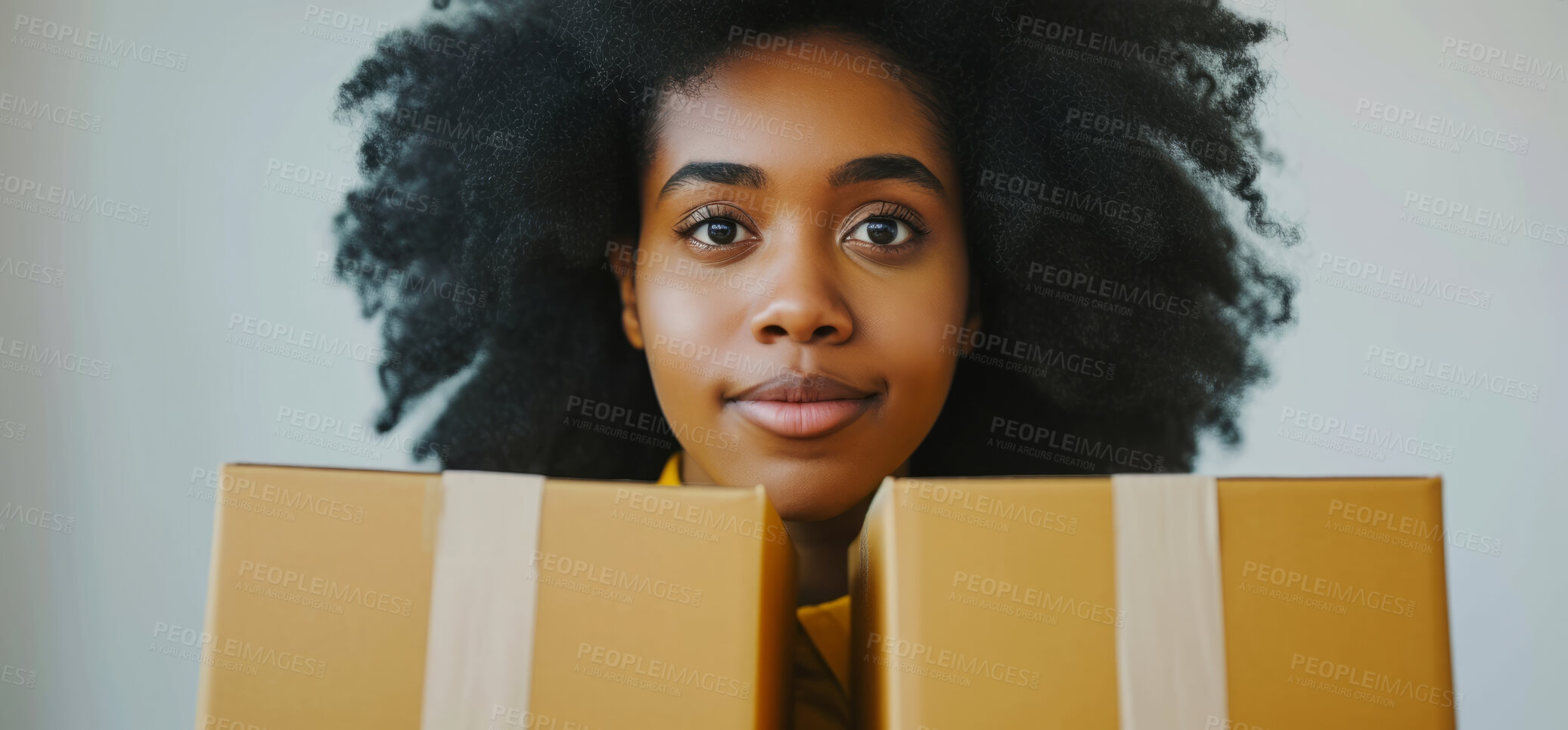 Buy stock photo Young woman, cardboard box and girl holding a parcel from courier service, delivery or exports. Black, African American and female with package from online shopping, application and moving in concept