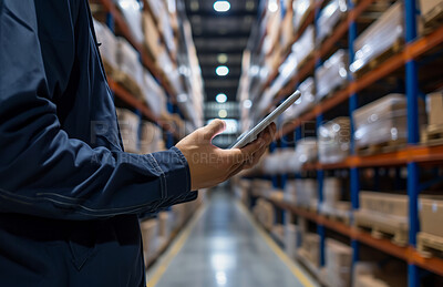 Warehouse, business and male hand closeup with tablet checking for courier service, delivery or exports. Cropped, successful and hard working person at factory looking for parcels or inventory