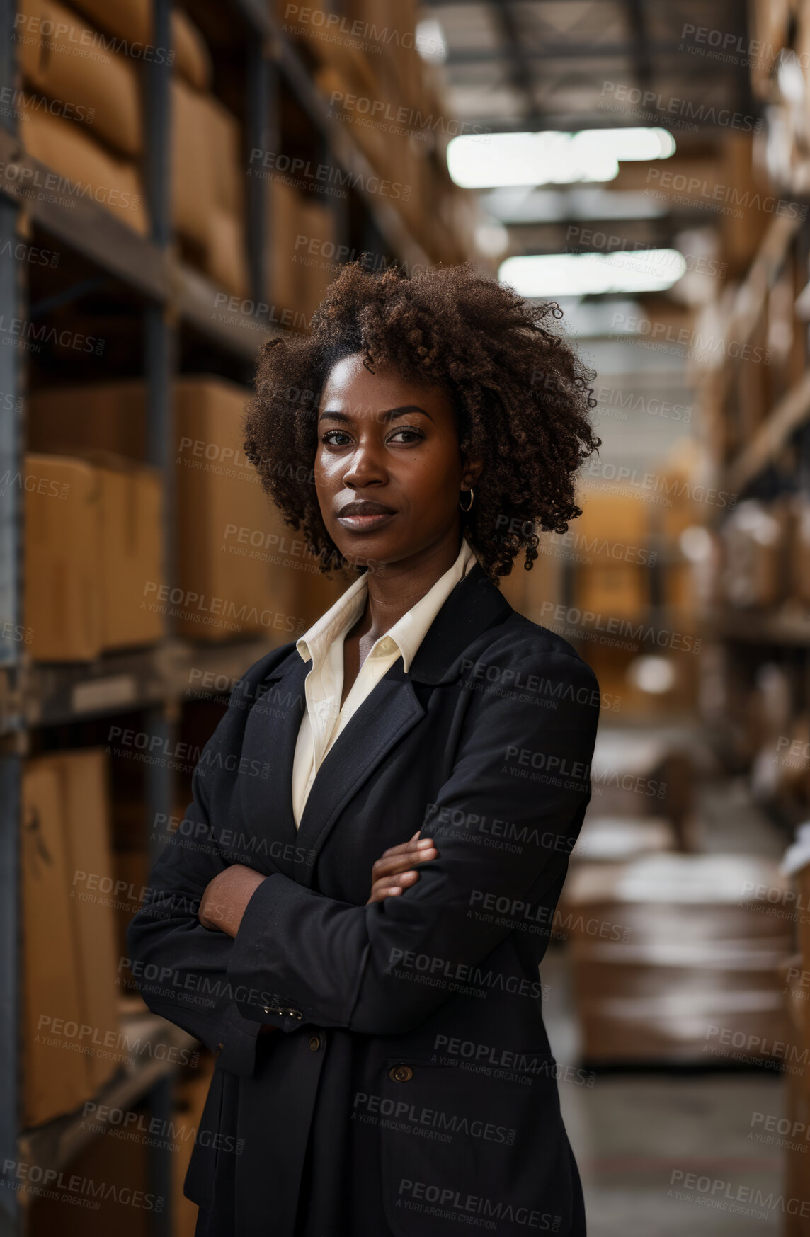 Buy stock photo Warehouse, business and woman employee checking stock or product for courier service, delivery or exports. Confident, successful and hard working female inspecting at factory for parcels or inventory