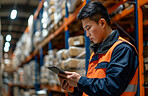 Warehouse, business and man employee or manager checking tablet or product for courier service, delivery or exports. Confident, successful and hard working male at factory for parcels or inventory