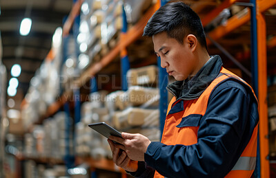 Warehouse, business and man employee or manager checking tablet or product for courier service, delivery or exports. Confident, successful and hard working male at factory for parcels or inventory