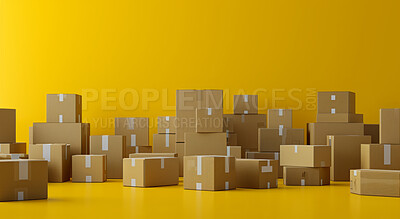 Cardboard box, package or delivery service business background for courier company, new home and gifts. Neat, pile or packed boxes against a yellow background for storage, transportation or warehouse