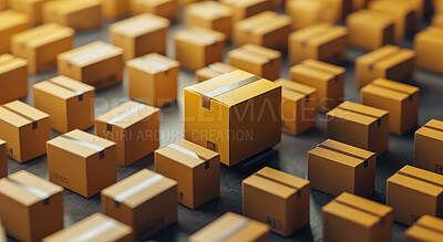 Cardboard box, package or delivery service business background for courier company, new home and gifts. Neat, pile or packed boxes against a yellow background for storage, transportation or warehouse