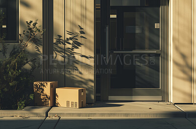 Door delivery, courier or package on front doorstep for ecommerce business, shopping or shipment company. Empty, home and entrance with parcel for secure service, cardboard box, and residence