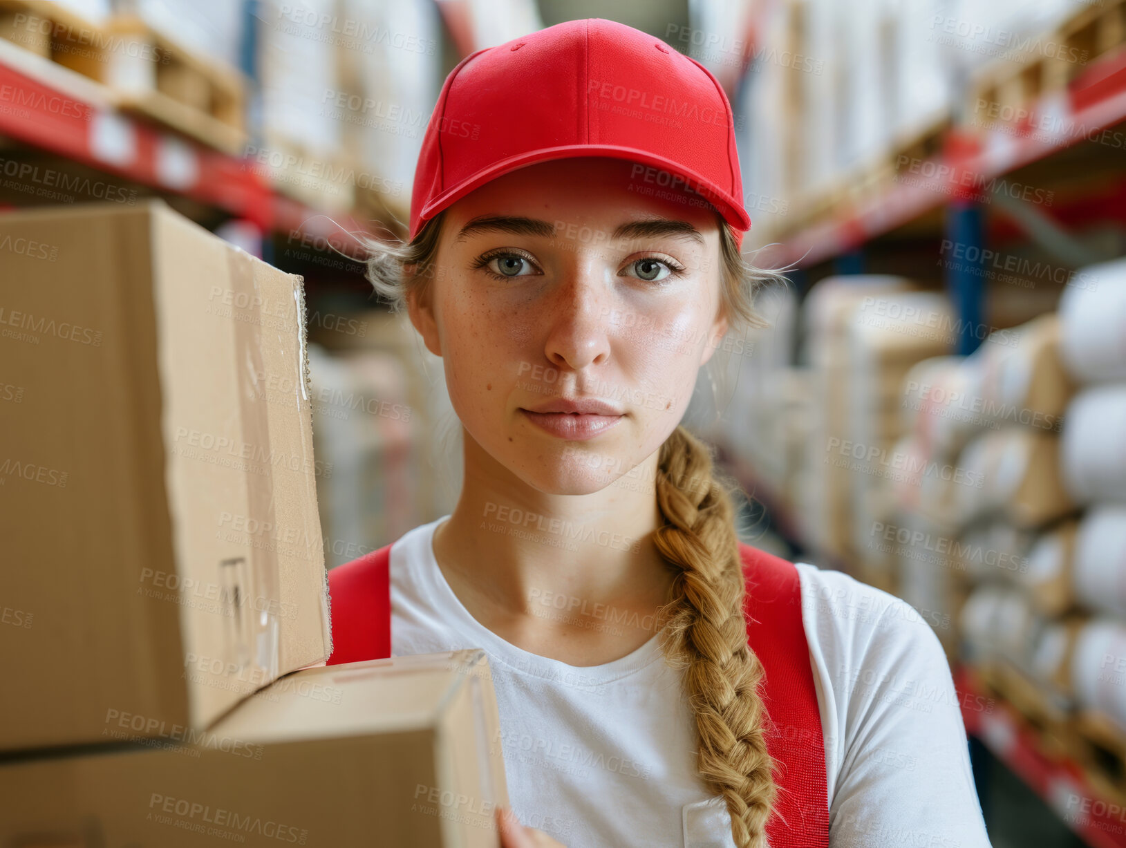 Buy stock photo Delivery, cardboard box and woman holding a package for courier business company or product distribution. Portrait, closeup and parcel handover to consumer for online shopping, ecommerce or shipment