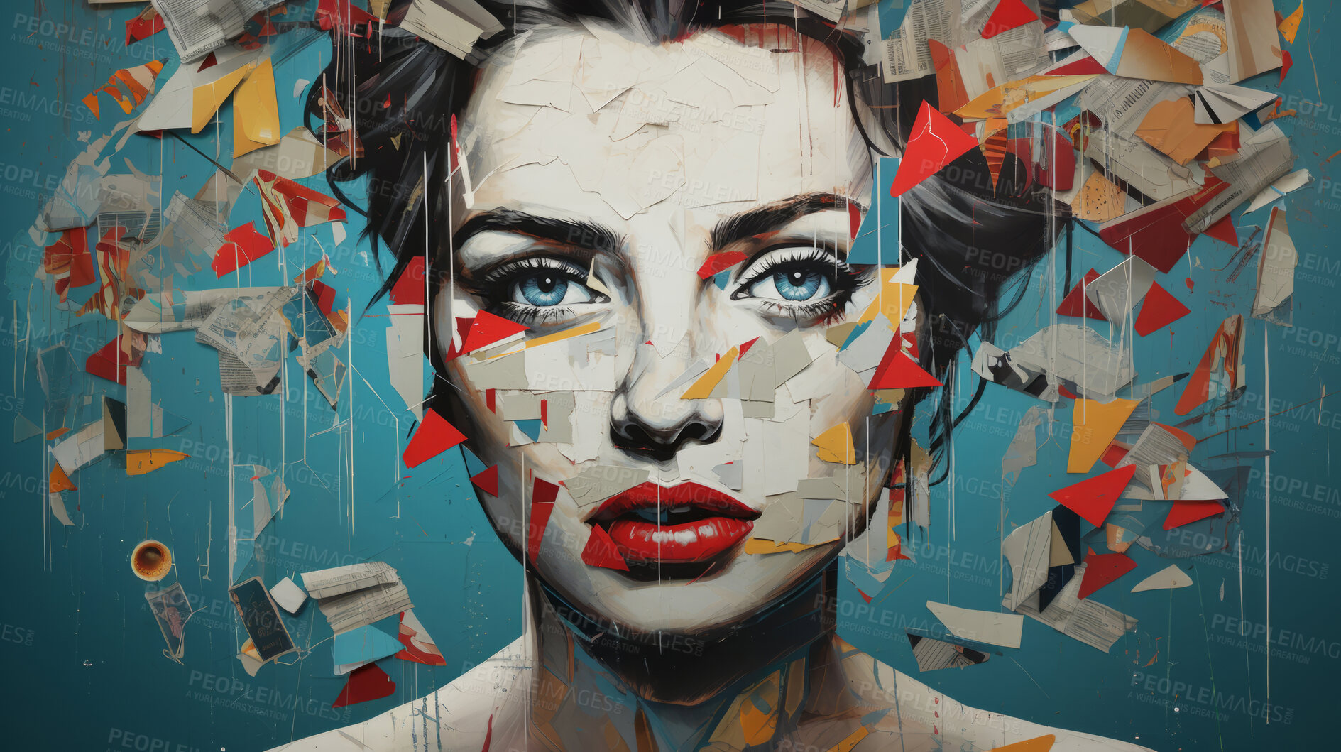 Buy stock photo Pop art woman, vibrant colors and retro style. Playful, energetic and visually striking illustration of a woman in the iconic pop art fashion. A modern twist on classic pop culture aesthetics.
