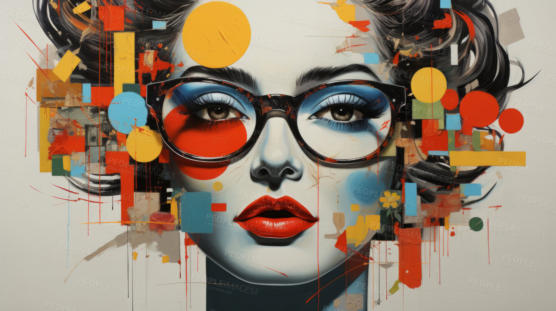 Buy stock photo Pop art woman, vibrant colors and retro style. Playful, energetic and visually striking illustration of a woman in the iconic pop art fashion. A modern twist on classic pop culture aesthetics.