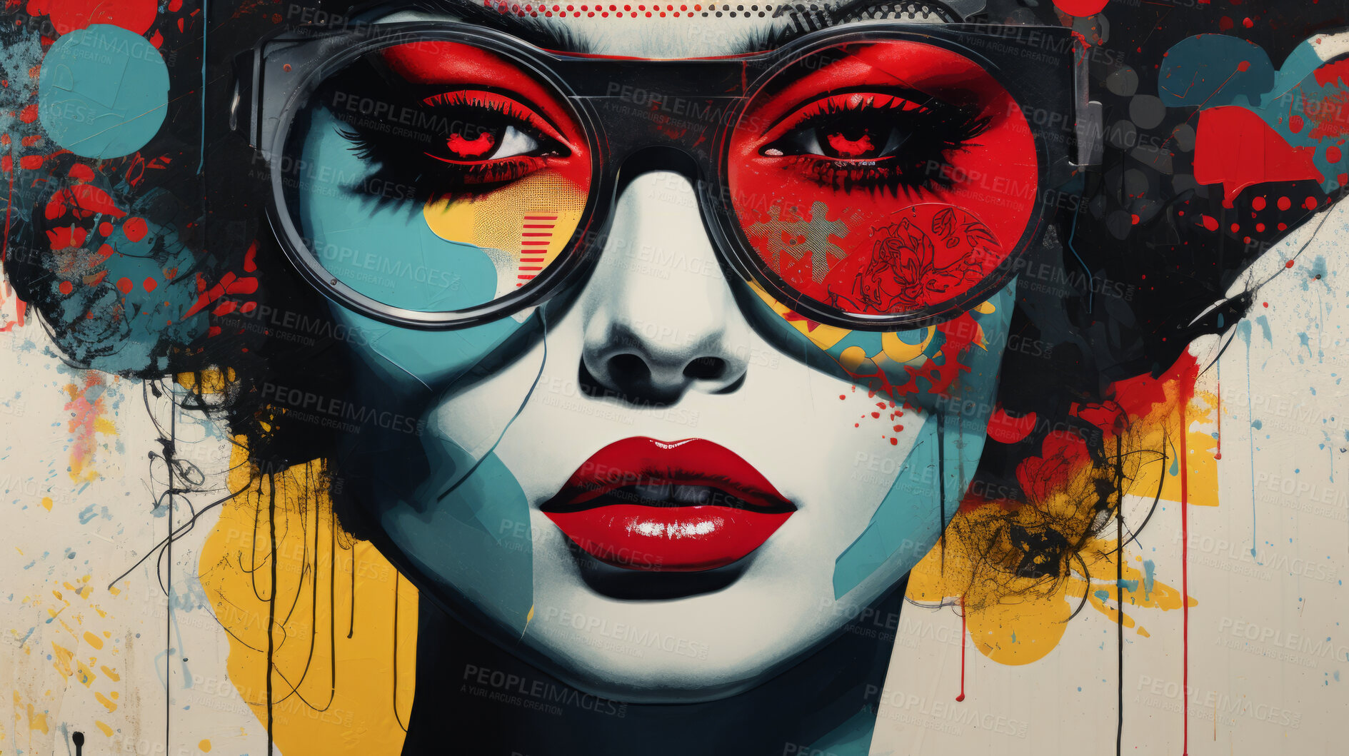 Buy stock photo Pop art woman, vibrant colors and retro style. Playful, energetic and visually striking illustration of a woman in the iconic pop art fashion. A modern twist on classic pop culture aesthetics.