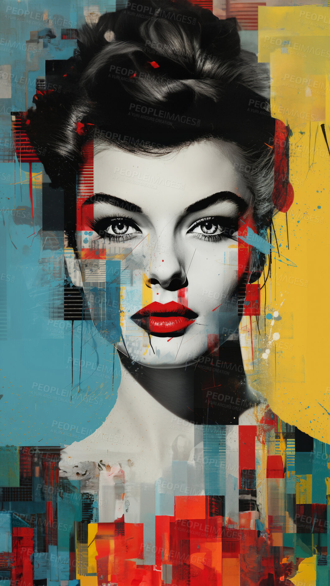 Buy stock photo Pop art woman, vibrant colors and retro style. Playful, energetic and visually striking illustration of a woman in the iconic pop art fashion. A modern twist on classic pop culture aesthetics.