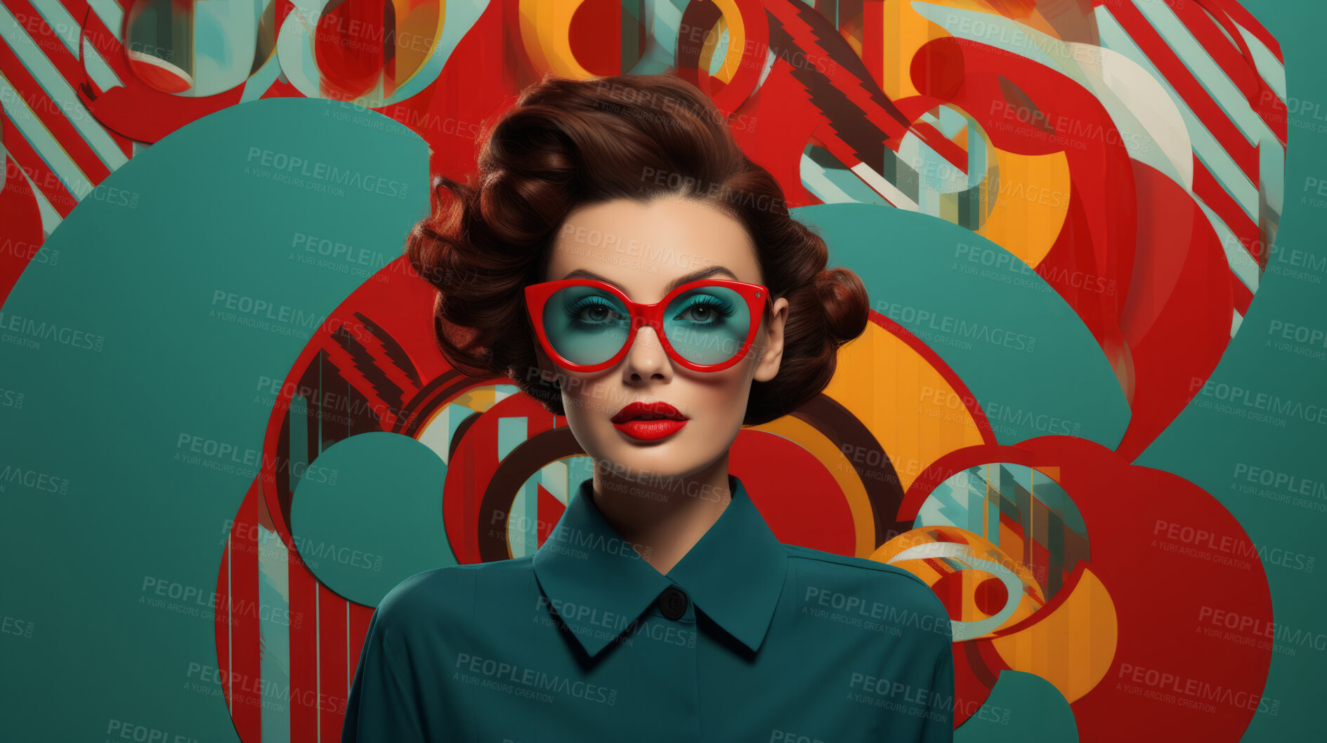 Buy stock photo Pop art woman, vibrant colors and retro style. Playful, energetic and visually striking illustration of a woman in the iconic pop art fashion. A modern twist on classic pop culture aesthetics.