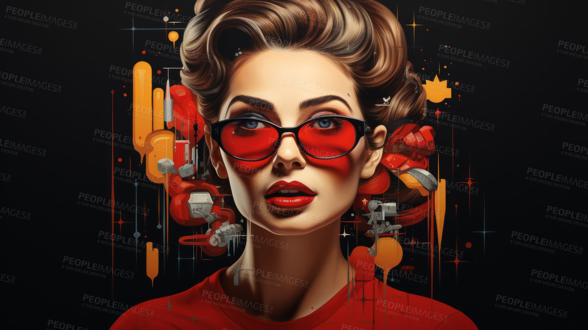 Buy stock photo Pop art woman, vibrant colors and retro style. Playful, energetic and visually striking illustration of a woman in the iconic pop art fashion. A modern twist on classic pop culture aesthetics.