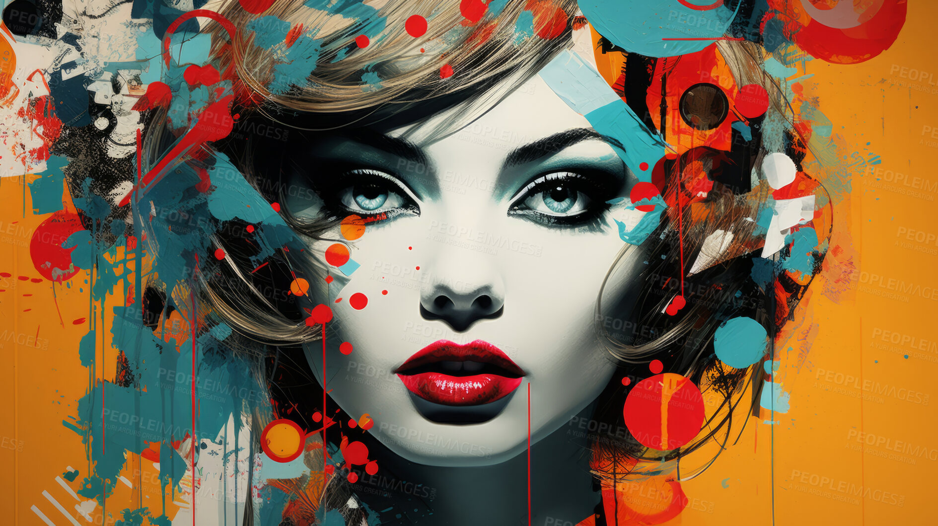 Buy stock photo Pop art woman, vibrant colors and retro style. Playful, energetic and visually striking illustration of a woman in the iconic pop art fashion. A modern twist on classic pop culture aesthetics.