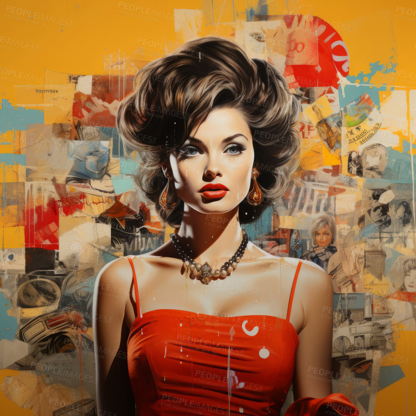 Buy stock photo Pop art woman, vibrant colors and retro style. Playful, energetic and visually striking illustration of a woman in the iconic pop art fashion. A modern twist on classic pop culture aesthetics.