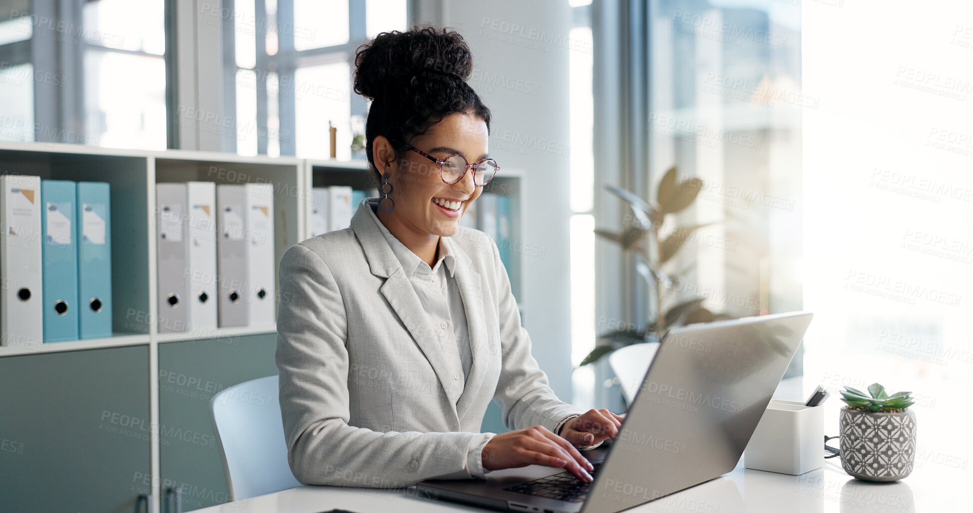 Buy stock photo Happiness, laptop and typing professional woman, advocate or government attorney reading feedback review. Corporate research, law firm and business lawyer working on legal project development plan