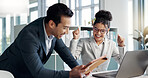 Collaboration, celebrate and business people with success and tablet for trading or planning. Happy, teamwork and a corporate businessman and woman with a gesture for online win, deal or achievement
