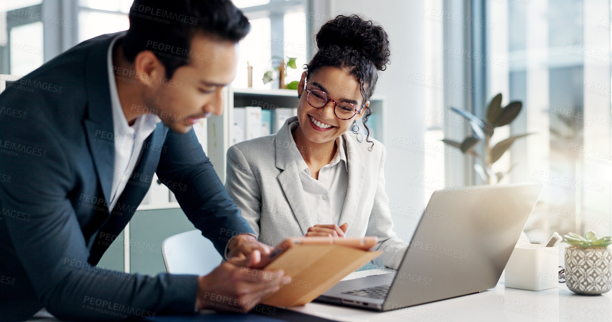 Buy stock photo Discussion, laptop and business people in the office doing research for collaboration project. Technology, teamwork and professional lawyers working on a legal case with computer in modern workplace.