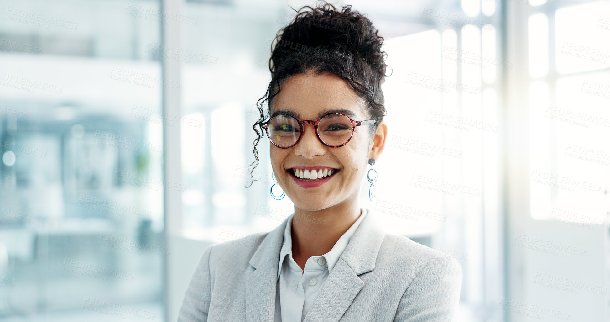 Buy stock photo Face, business and woman with a smile, office and arms crossed with a career, consultant and entrepreneur. Portrait, person or employee with glasses, workplace or agent with ambition or administrator