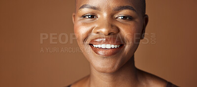 Buy stock photo Face, skincare and smile with happy black woman in studio isolated on brown background for wellness. Portrait, beauty and aesthetic for foundation cosmetics or dermatology with a natural young person