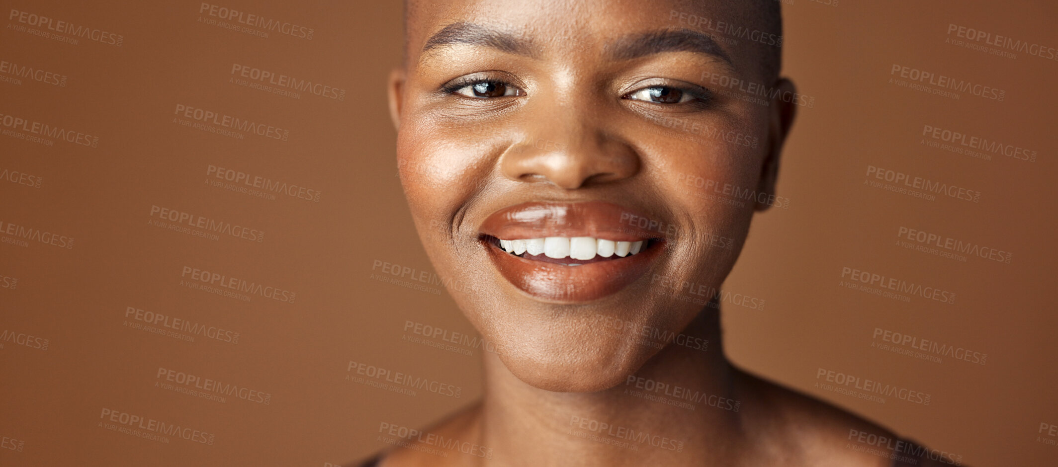 Buy stock photo Face, skincare and smile with happy black woman in studio isolated on brown background for wellness. Portrait, beauty and aesthetic for foundation cosmetics or dermatology with a natural young person