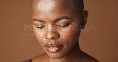 Face, skincare and aesthetic with happy black woman in studio isolated on brown background for wellness. Portrait, beauty and smile for foundation cosmetics or dermatology with a natural bald person