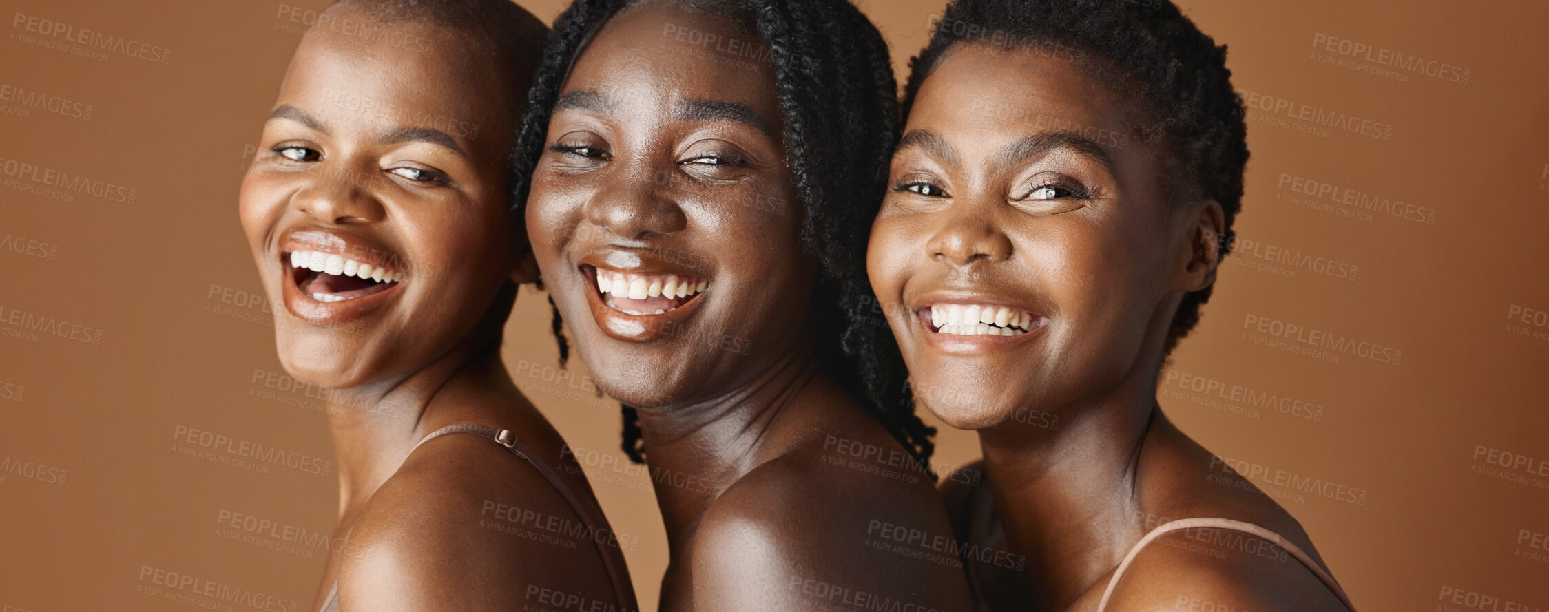 Buy stock photo Face, beauty and laughing with black woman friends in studio on a brown background for natural wellness. Portrait, skincare and funny with a group of people looking happy at antiaging treatment