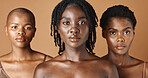 African, face or natural models with skincare, glowing skin or afro isolated on brown background. Facial dermatology, black women or beauty cosmetics for makeup in studio with girl friends or people