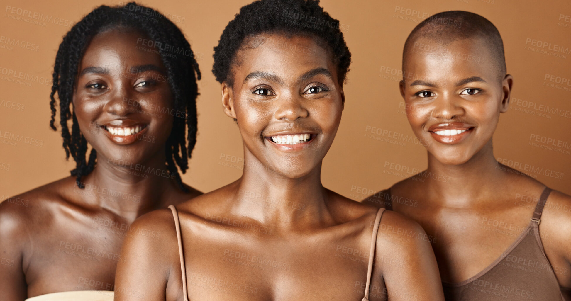 Buy stock photo Happy, face or natural models with beauty, glowing skin or afro isolated on brown background. Facial dermatology, black women or skincare cosmetics in studio with girl friends or proud African people