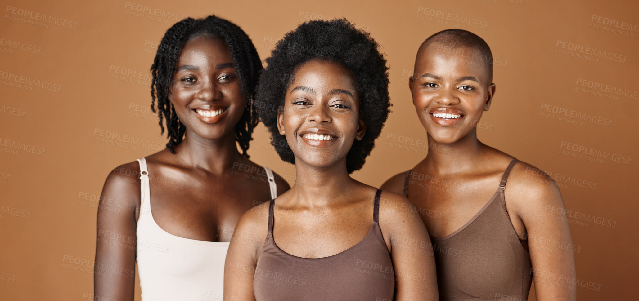 Buy stock photo Face, beauty and wellness with black woman friends in studio on a brown background for natural aesthetic. Portrait, skincare and smile with a group of african people looking happy or satisfied