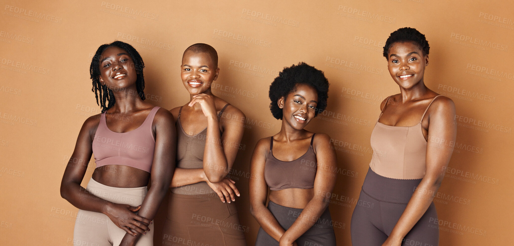 Buy stock photo Friends, face or African models with beauty, glowing skin or results isolated on brown background. Facial dermatology, smile or natural cosmetics skincare in studio with black women or happy people