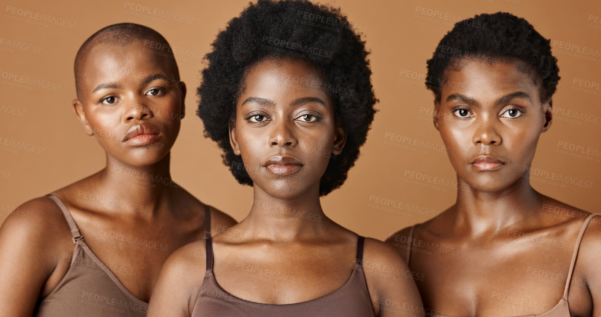 Buy stock photo Wellness, face or African models with beauty, glowing skin or afro isolated on brown background. Facial dermatology, black women or natural cosmetics skincare in studio with girl friends or people