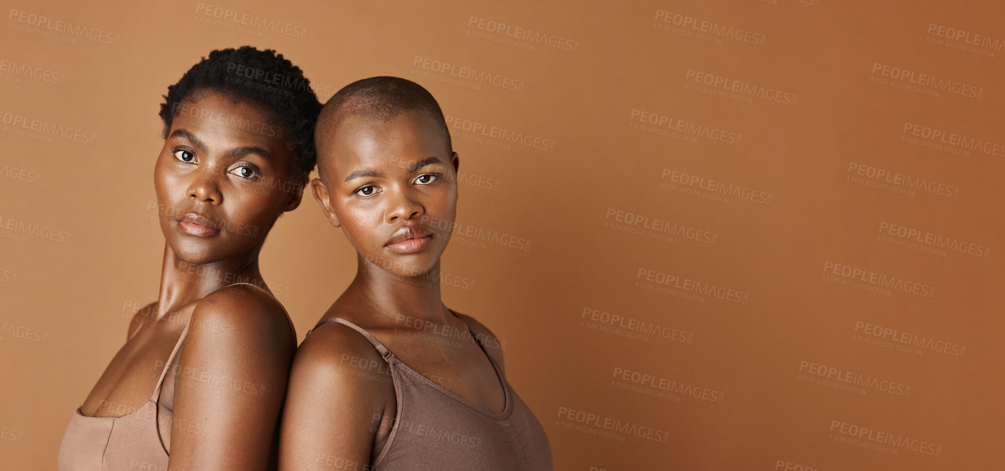 Buy stock photo Wellness, face or black women with beauty, glowing skin or results isolated on brown background. Facial dermatology, African models or natural cosmetics skincare in studio with girl friends or people