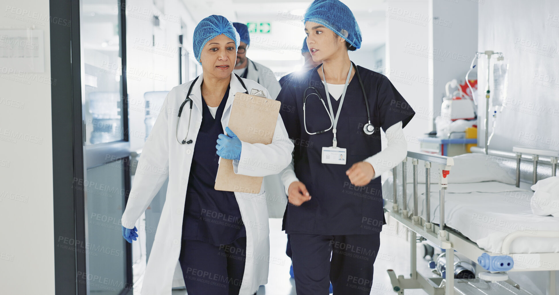 Buy stock photo Doctors, nurses and women walking, talking and planning healthcare, clinic management and workflow schedule. Medical worker, surgeon and mentor support, hospital teamwork and folder or patient charts