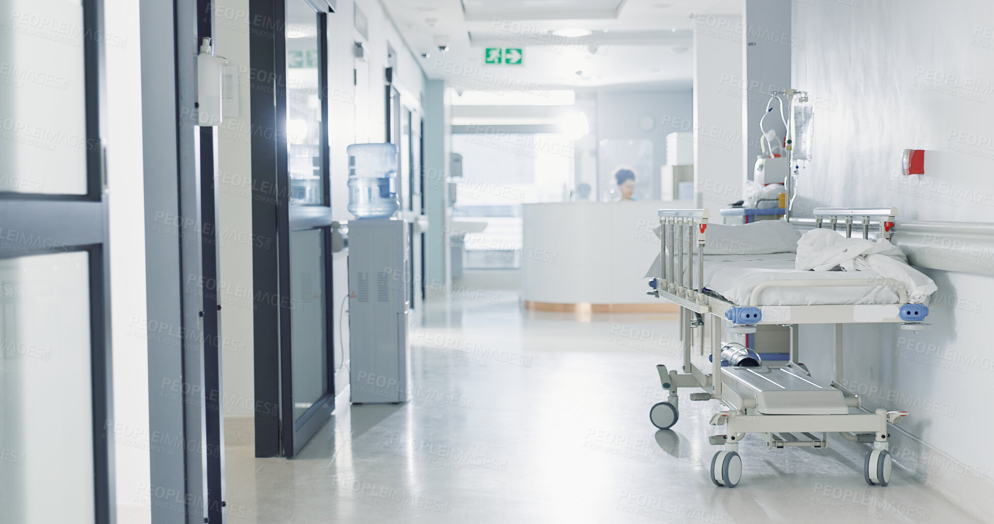 Buy stock photo Hospital, healthcare and medical with an empty corridor for wellness, care or treatment and disease control. Medicine, service and hallway of a lobby in a clinic for rehabilitation or recovery