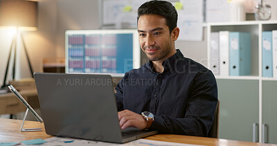 Happy man in office, typing on laptop and planning online research for creative project at professional digital agency. Internet, website and networking, businessman with smile and computer for email