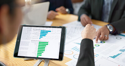 Hands, business people in meeting and data analysis on tablet, online review with graph and information for team with market research. Statistics, analytics and digital infographic with collaboration