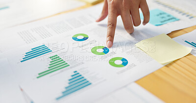 Hands, business people in meeting and data analysis, paperwork review with graphs and info, team doing market research. Stats, analytics and infographic documents with sticky note and collaboration