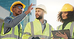 People, architect and tablet in city for construction planning, team discussion or strategy on site. Group of employees, contractor or engineer on technology in teamwork, project plan or architecture