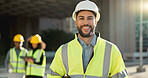 Happy man, architect and city for construction management or teamwork in leadership on site. Portrait of male person, contractor or engineer smile for professional architecture, project or ambition