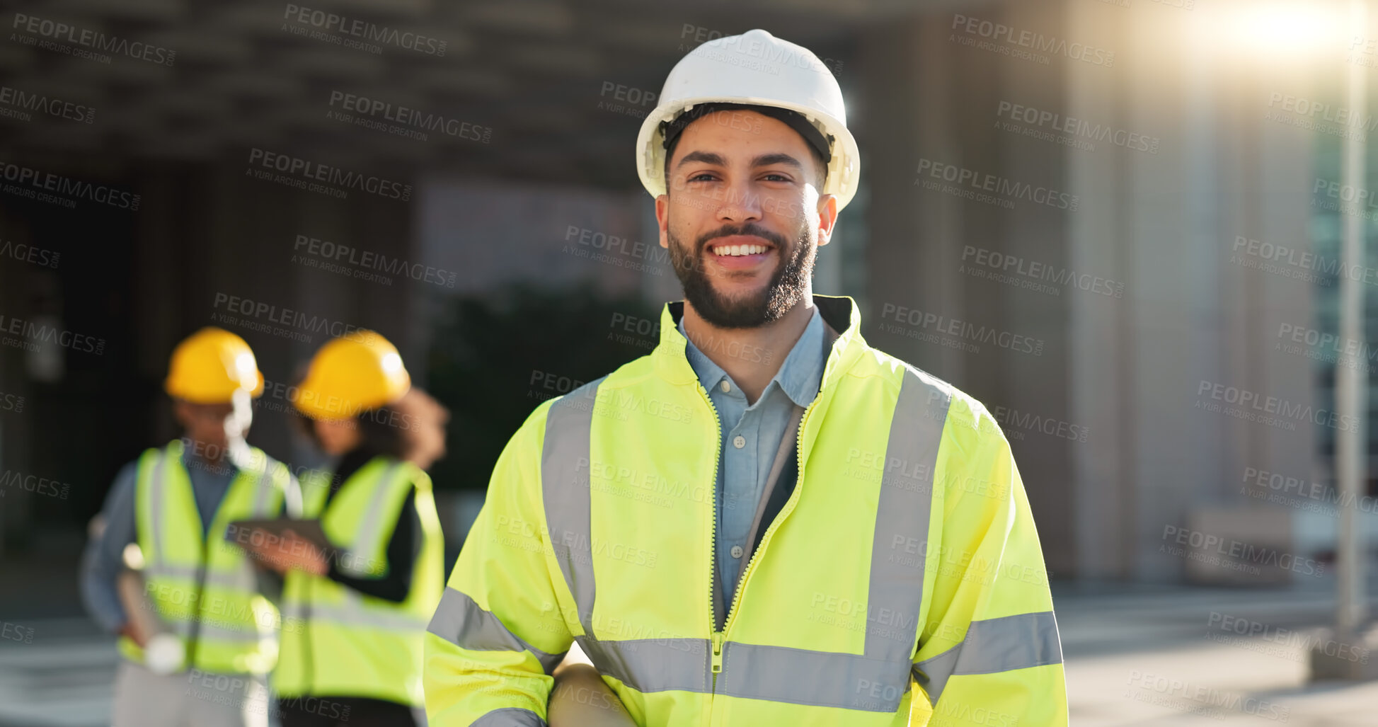 Buy stock photo Happy man, architect and city for construction management or teamwork in leadership on site. Portrait of male person, contractor or engineer smile for professional architecture, project or ambition