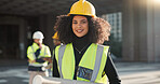 Happy woman, architect and city for construction management or teamwork in leadership on site. Portrait of female person, contractor or engineer smile for professional architecture, project or plan