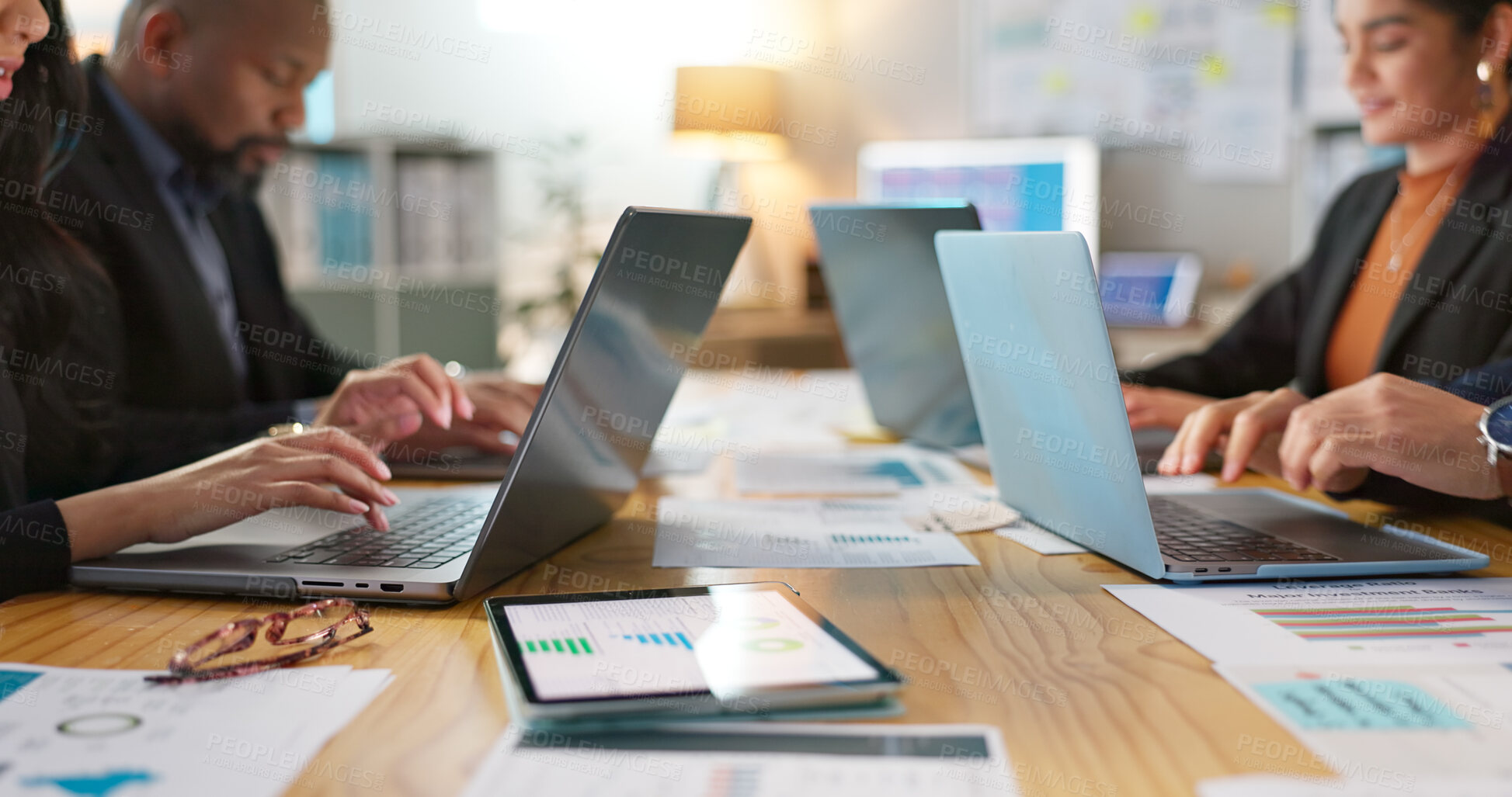 Buy stock photo Laptop, data analytics and business research team working  on a project in collaboration together on online web.Teamwork, office and corporate people typing to  search the internet in meeting