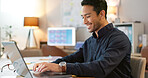 Businessman in office, typing on laptop and smile, planning online research in creative project at digital agency. Internet, website and networking, happy man with computer for email report or review