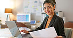 Happy businesswoman in office, typing on laptop and planning online research for creative project at digital agency. Internet, website and networking, woman with smile and computer for email review.